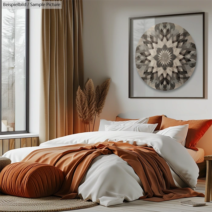 Cozy bedroom with orange accents, round mandala art, and large window with greenery outside.