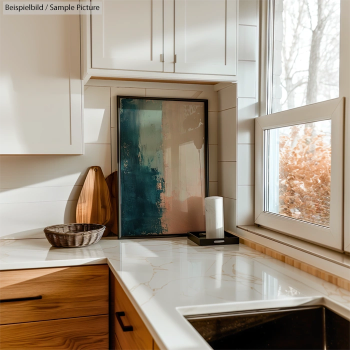 Modern kitchen interior with marble countertops, wooden cabinets, abstract artwork, and a window with autumn view.