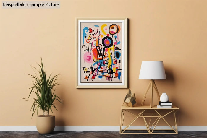 Modern abstract painting with colorful shapes on a wall, beside a plant and a small table with decorative items.