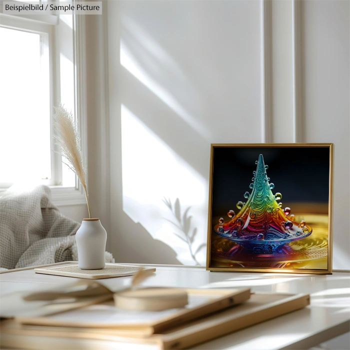 Colorful abstract sculpture on a table near a window with white curtains and a vase with dried grass.