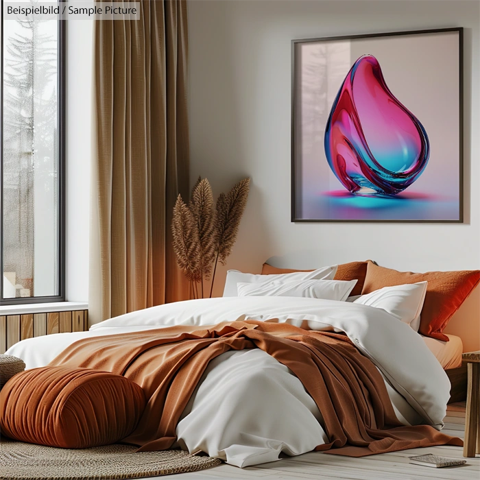 Modern bedroom with orange and white bedding, framed abstract art on wall, beige curtains, and decorative plants.