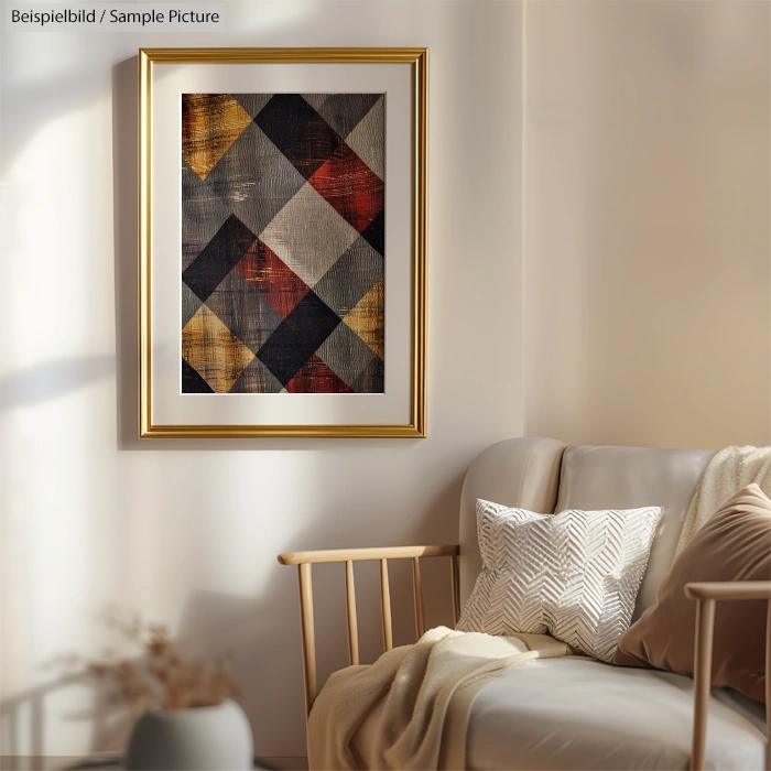 Modern framed geometric art with warm tones above a cushioned sofa in a cozy, sunlit room.