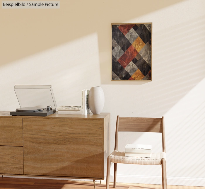 Modern living room with wooden furniture, a record player, and geometric artwork on the wall under natural light.