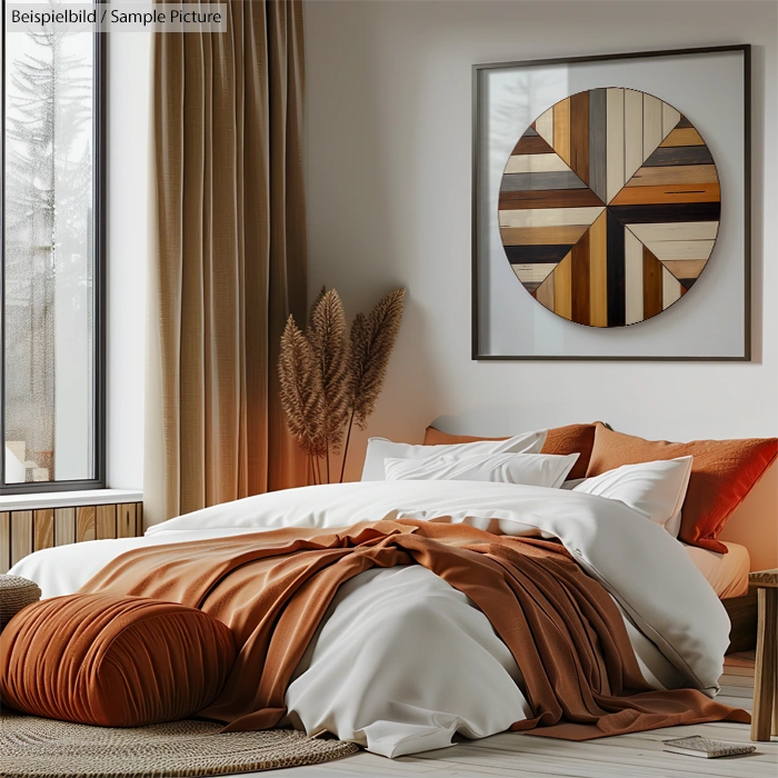 Cozy bedroom with wooden decor, white and orange bedding, large window, pampas grass, and circular wall art.