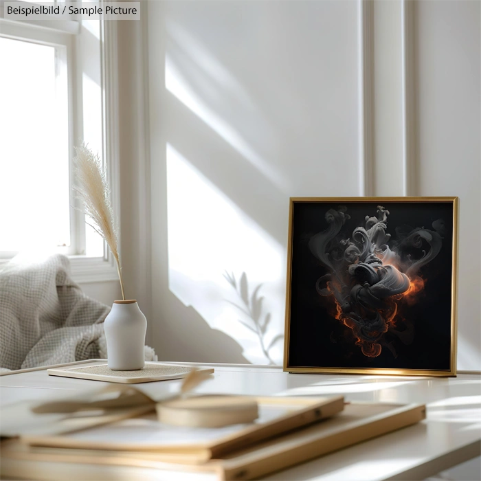 Modern interior with abstract smoke art on a table, soft lighting, vase with pampas grass, and a plate on a mat.