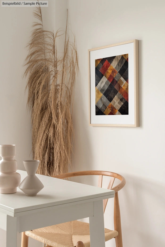 Minimalist interior with a geometric abstract painting, wooden chair, white table, and tall beige pampas grass in corner.