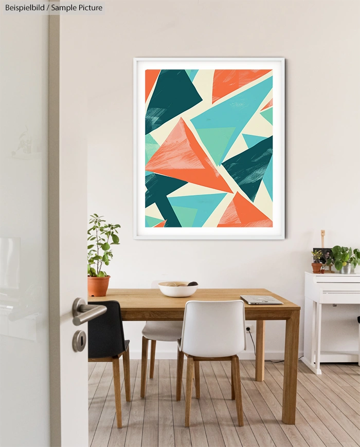 Modern dining room with colorful abstract geometric wall art and wooden furniture.