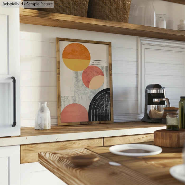 Modern kitchen with framed abstract artwork featuring orange and pink circles, placed on a wooden countertop.