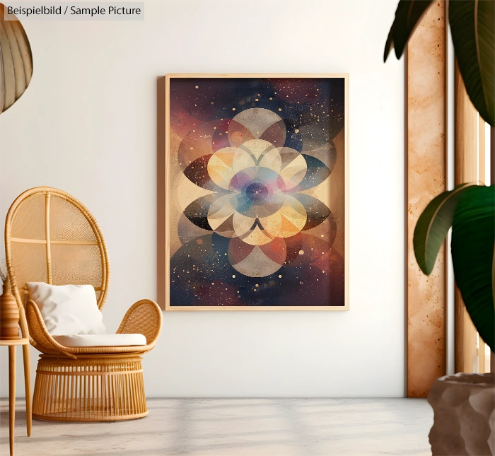 Abstract geometric artwork with layered circles in warm tones, displayed in a bright room with plants and a wicker chair.