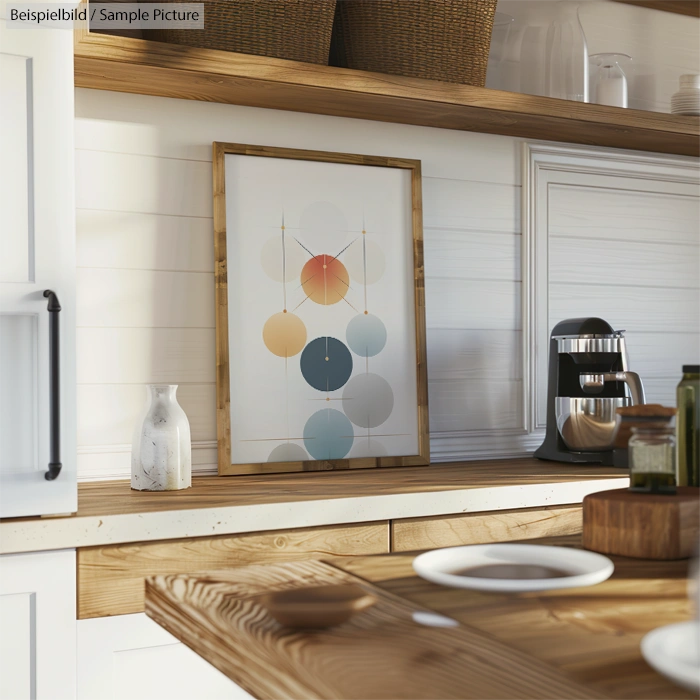 Modern kitchen shelf with coffee maker, abstract art print, and wooden accents.