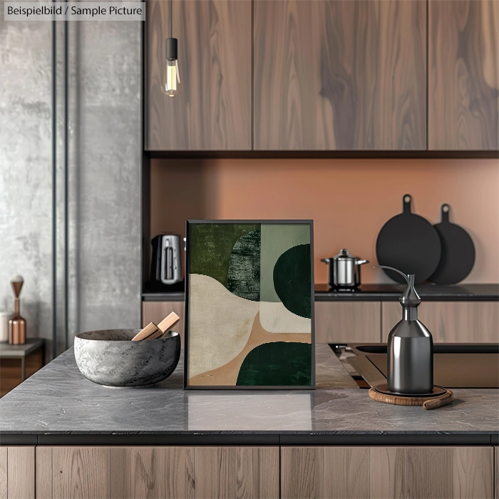 Modern kitchen with wood cabinets, abstract art piece, cutting board, utensils, and a marble bowl on a sleek countertop.