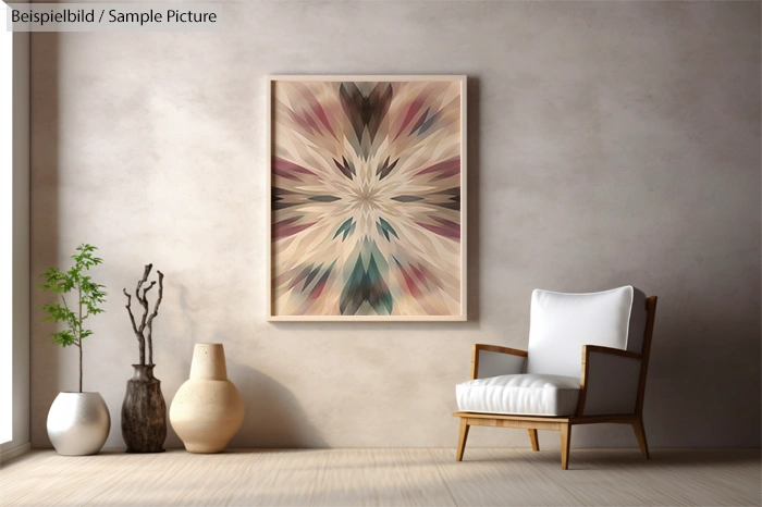 Modern living room with abstract geometric art, white chair, and decorative vases.