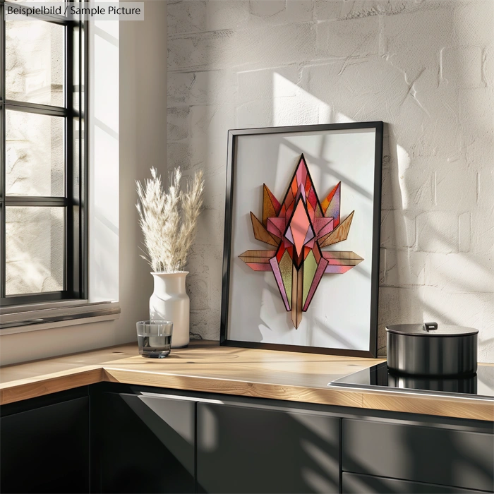 Modern kitchen with black cabinets, wood countertop, framed geometric art, vase with pampas grass, and sunlight.