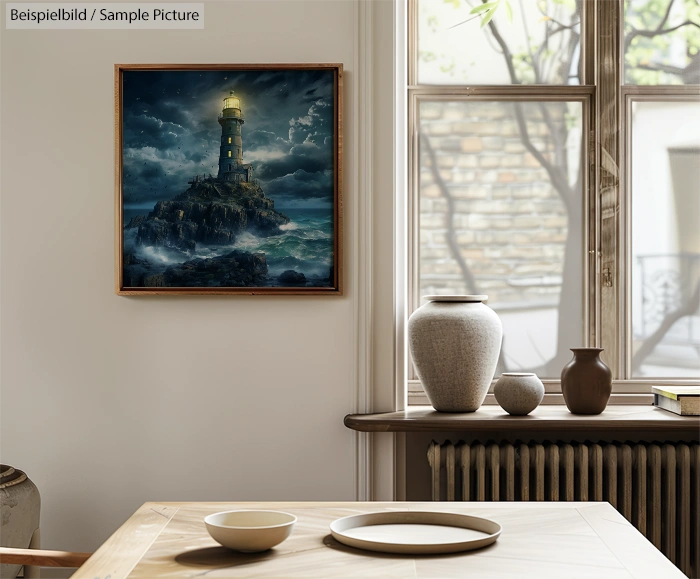 Room interior with a lighthouse painting on the wall, pottery on the table, and a view of a garden through the window.