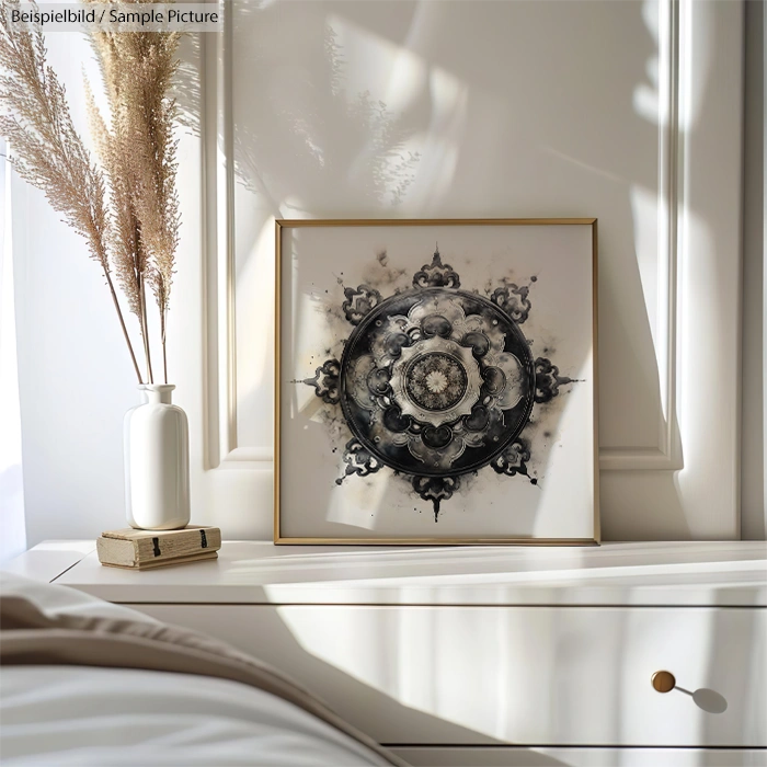 Mandala artwork in gold frame on white dresser with books and vase, illuminated by sunlight.