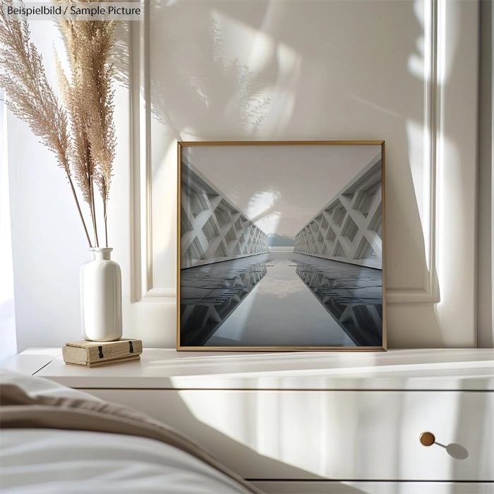 Serene interior with modern framed architectural photograph on elegant white dresser, near vase with dried tall plants.