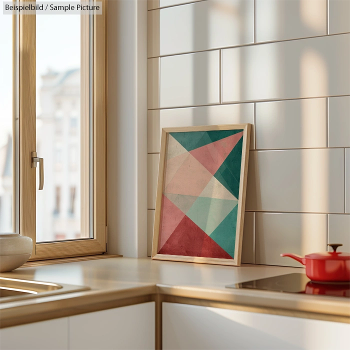 Modern kitchen with light wood surfaces, white tiles, and geometric artwork next to a window and red kettle.