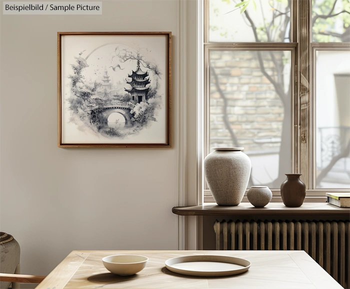 Minimalist room with Asian-style art, vases, and large windows.