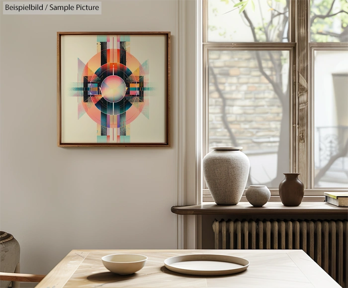 Modern dining room with abstract geometric art, ceramic vases, and a view outside through large windows.