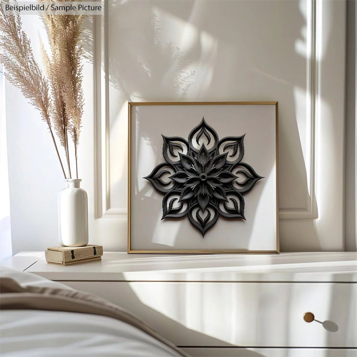 Elegant Mandala wall art in a gold frame with decorative vase and pampas grass on a modern white dresser.