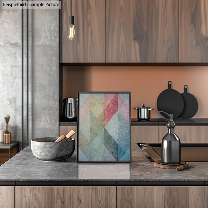 Modern kitchen with wooden cabinets, marble countertop, geometric artwork, utensils in bowl, and glass decanter.