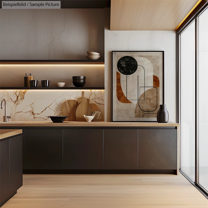 Modern kitchen with dark cabinets, marble backsplash, and abstract art on the wall.