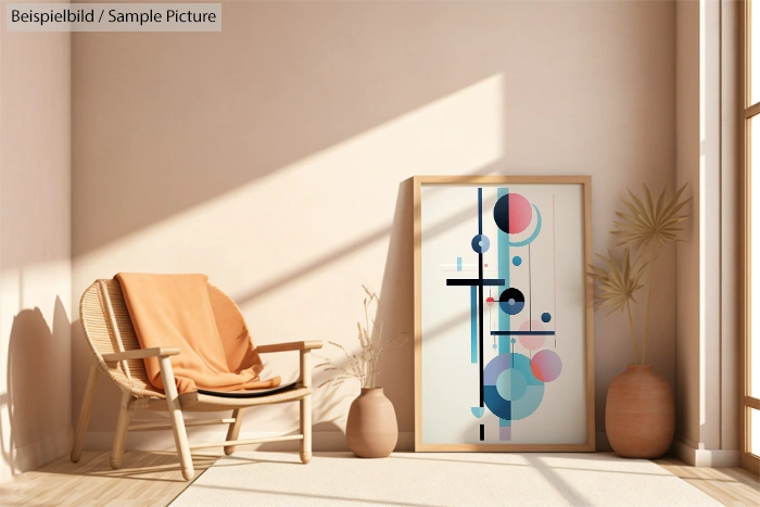 Modern interior with abstract geometric art and cozy chair in sunlit room.