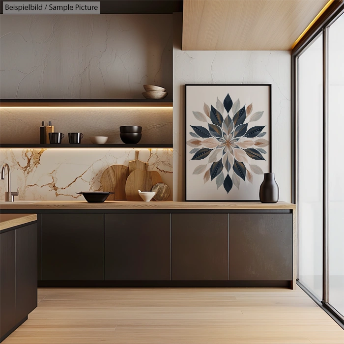 Modern kitchen with dark cabinets, marble backsplash, wooden countertops, and a framed abstract leaf art on the wall.