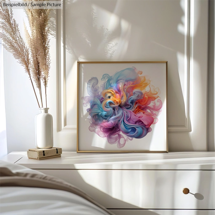 Framed abstract painting with colorful swirls on a sunlit wall near pampas grass in a vase and books.