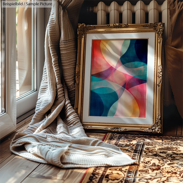 Framed abstract painting with colorful geometric shapes, resting on a wooden floor near a patterned rug and draped fabric.