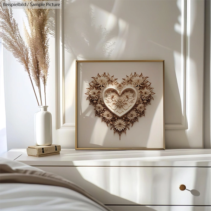 Decorative heart-shaped floral artwork in frame on dresser, pampas grass in vase, books, sunlit room.