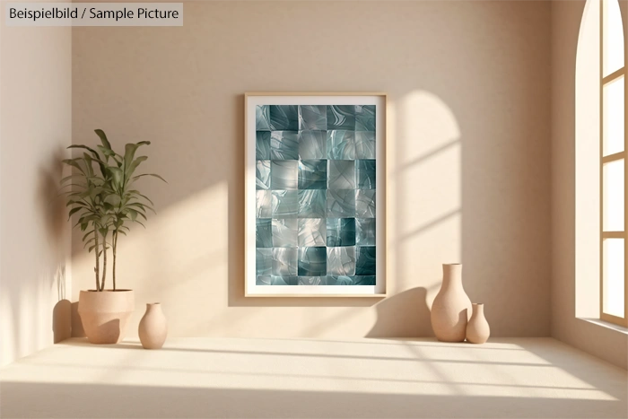 Minimalist room with potted plant, decorative vases, and framed abstract artwork on pale wall, sunlight streaming in.