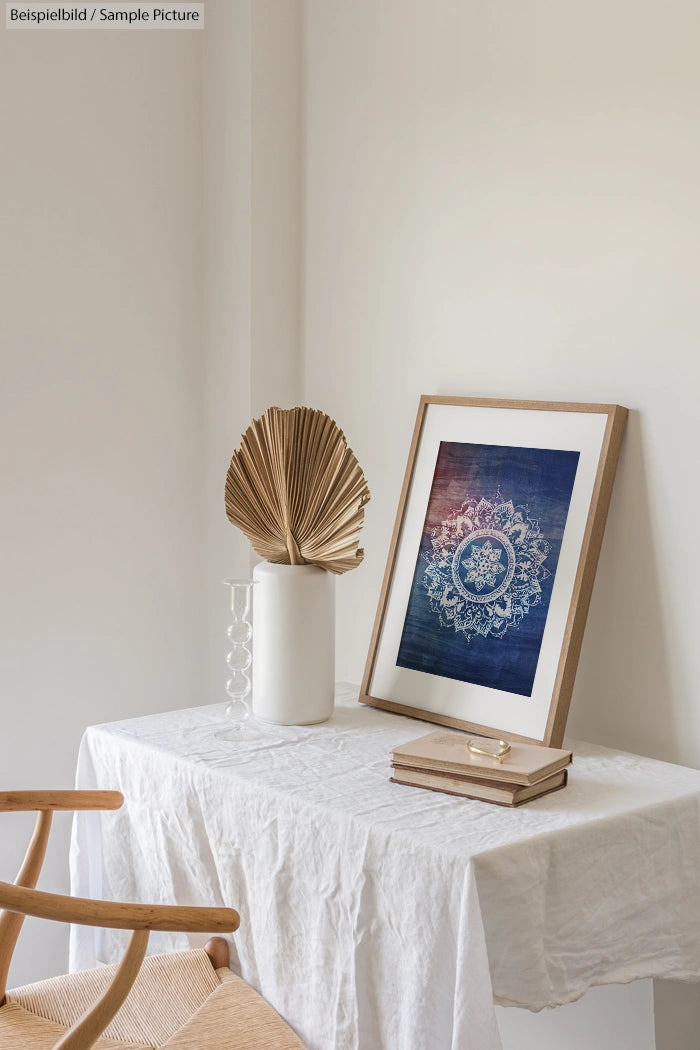 Minimalistic room with framed mandala art, dried fan palm in a vase, and books on a draped table beside a wooden chair.