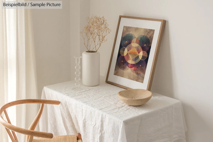 Minimalist interior with geometric art, dried plant, and ceramic bowl on a white tablecloth near a wooden chair.