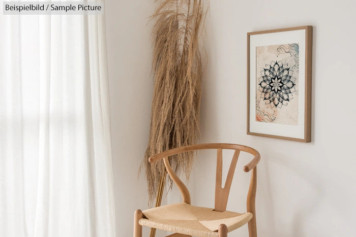 Minimalist room with wooden chair, pampas grass, and mandala artwork on wall.