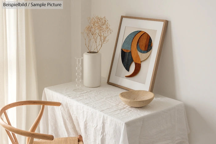 Minimalist room with abstract art, wooden chair, and dried flowers on a linen-covered table.