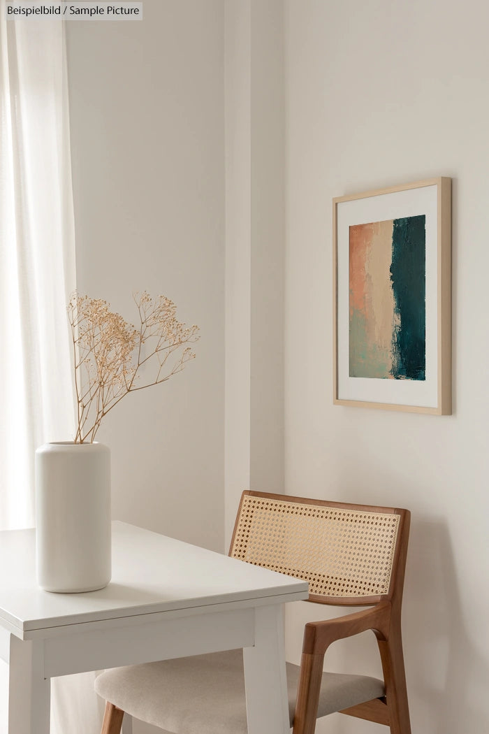 Minimalist room with white table, cane chair, abstract wall art, and vase with dried flowers.