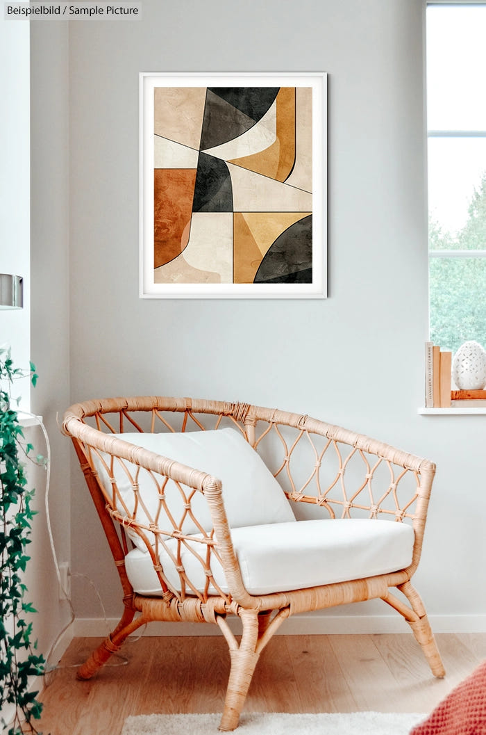 Rattan chair with white cushion in a room, abstract geometric painting on wall, and a window with green plants visible.