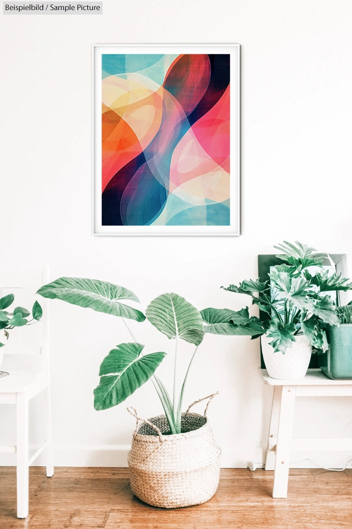 Colorful abstract painting on white wall above green houseplants in a modern, minimalist room setting.