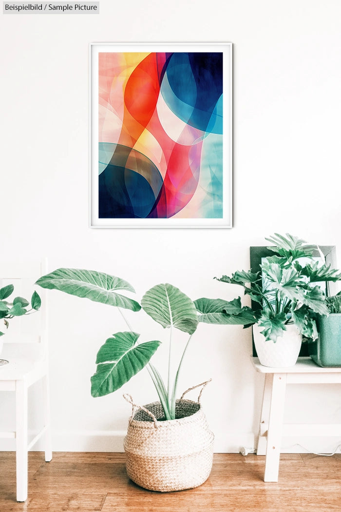 Modern living room with abstract wall art, green plants, and a white chair.