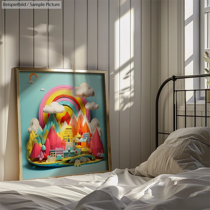 Cozy bedroom with a colorful cityscape painting leaning against a wall, illuminated by sunlight streaming in through large windows.