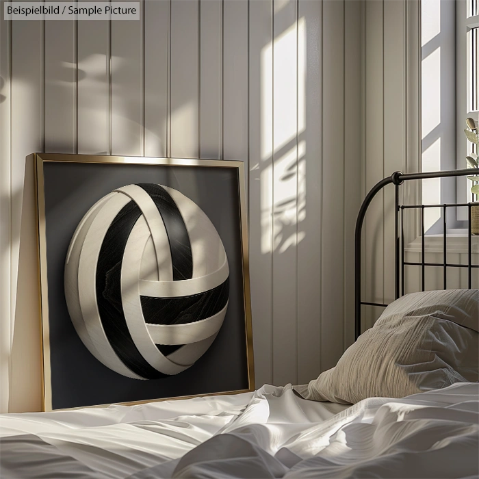 Sunlit bedroom with abstract black and white art on the floor, casting shadows on wooden wall paneling.