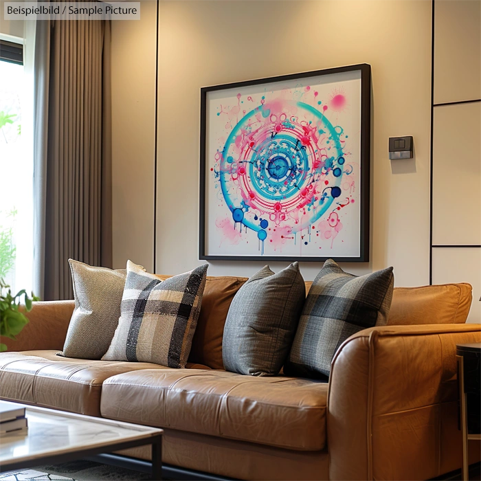 Modern living room with brown leather sofa, plaid cushions, and abstract painting with blue and pink swirls on the wall.