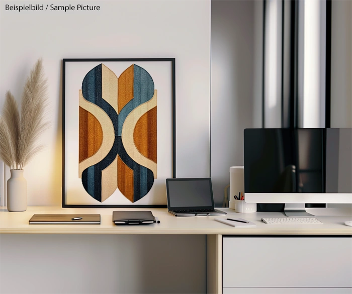 Minimalist desk with abstract art, computer, laptop, and decor items in a modern workspace.