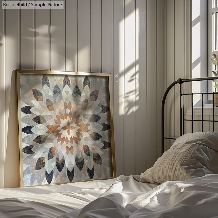 Sunlit bedroom with geometric floral artwork propped against wall beside an unmade bed.