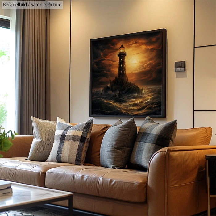 Stylish living room with a brown leather sofa, plaid cushions, and lighthouse painting with stormy sea on the wall.