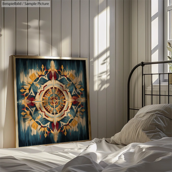 Sunlit bedroom with abstract mandala painting on floor against white paneled wall, beside an unmade bed.