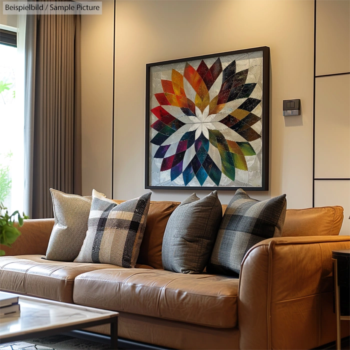 Cozy living room with leather sofa, plaid cushions, and colorful abstract geometric artwork on the wall.