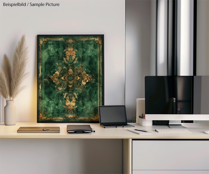 Modern office desk with laptop, desktop computer, and ornate green artwork on the wall, framed by minimalist decor.