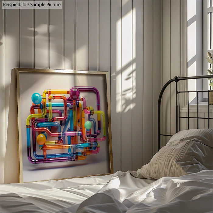 Cozy bedroom with framed abstract art featuring colorful interconnected pipes on a wooden floor, beside an unmade bed.